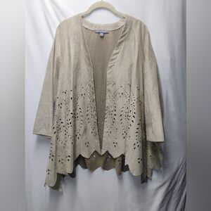 Kate & Mallory Taupe Suede Laser-Cut Open Front Jacket